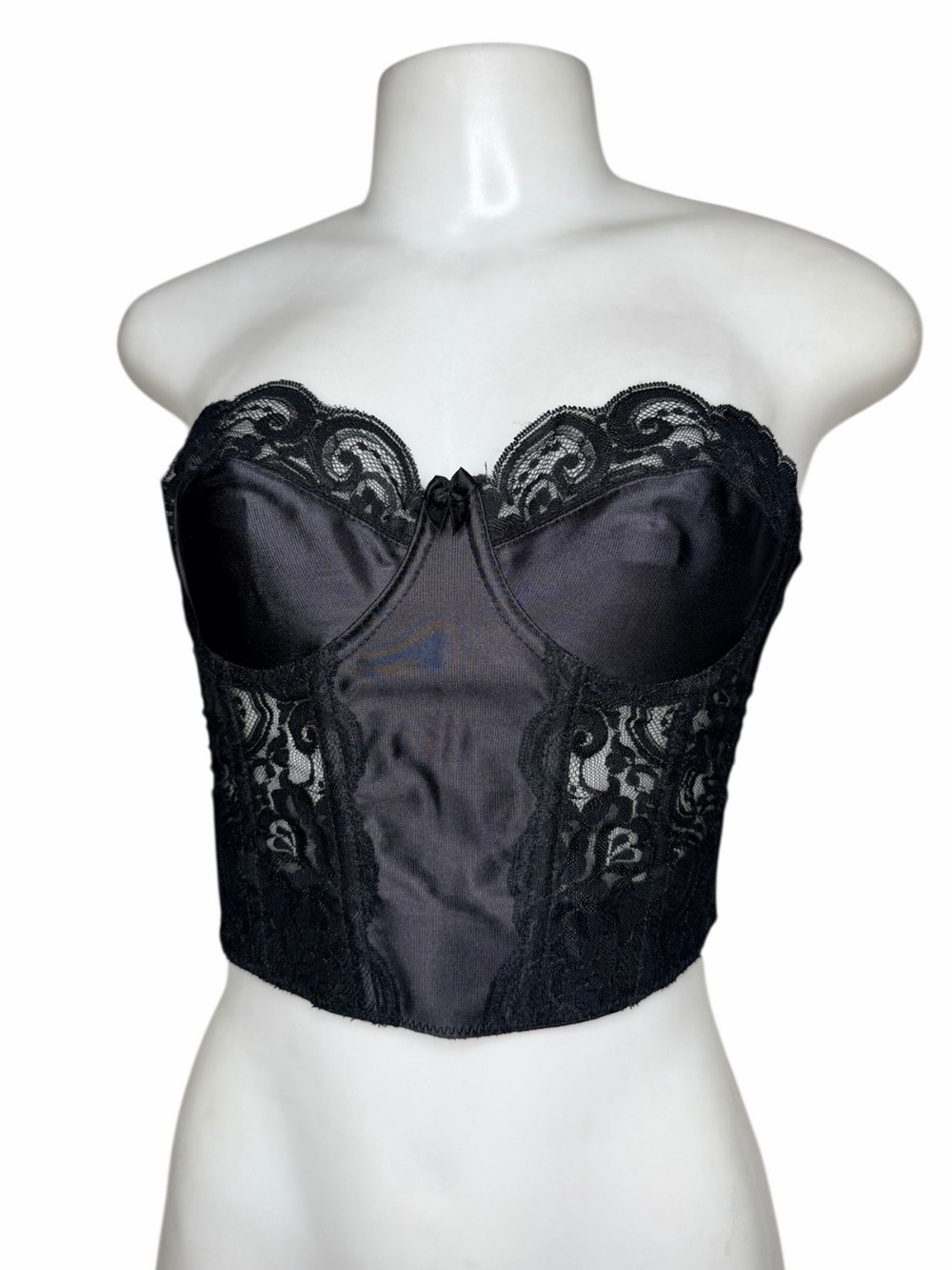 VTG Victoria’s Secret Black Lace Bustier Corset Top 36B Satin Strapless Lingerie